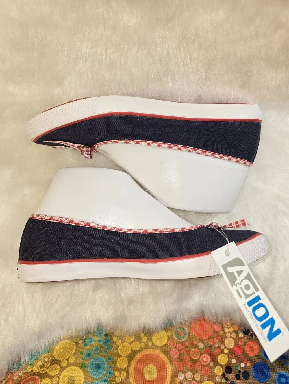 Lands End Girls Navy Canvas Ballet Flats with Red Gingham Trim & Bow
